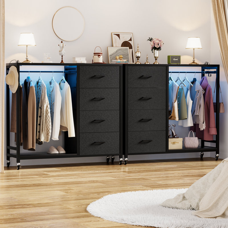 Commode 4 tiroirs Nasin avec support à vêtements, station de charge et lumières DEL, Noir, noir, noir, noir