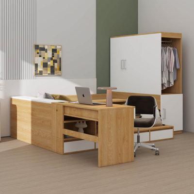 Full-Size Wooden Platform Bed With Drawers, Shelves, Integrated Desk, And Wardrobe