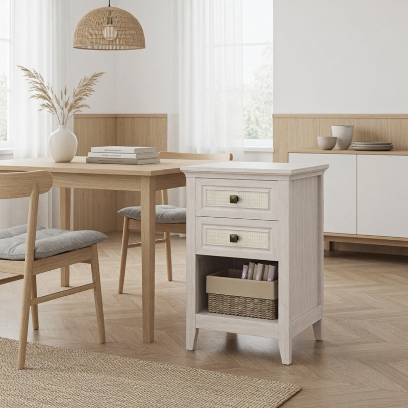 Table de chevet 17,7 po en rotin blanc avec 2 tiroirs, table de chevet haute 27 po pour petits espaces et chambre à coucher
