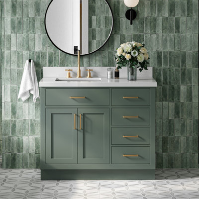 Meuble-lavabo simple en bois massif 42 po Tidworth avec plateau en quartz blanc 1,5 po