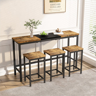 Table de salle à manger de cuisine moderne, table de pub, ensemble de table de salle à manger longue avec 3 tabourets, conception de tabouret suspendu pratique