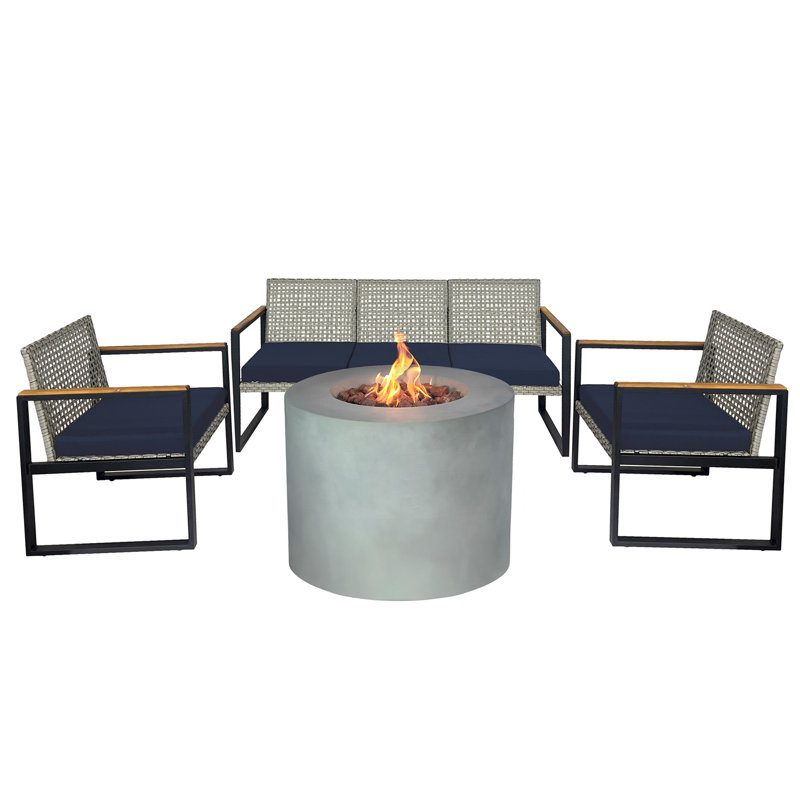 5-Piece Wicker Conversation Set with Round Alloy Steel Fire Pit. Comes with Black Cushion