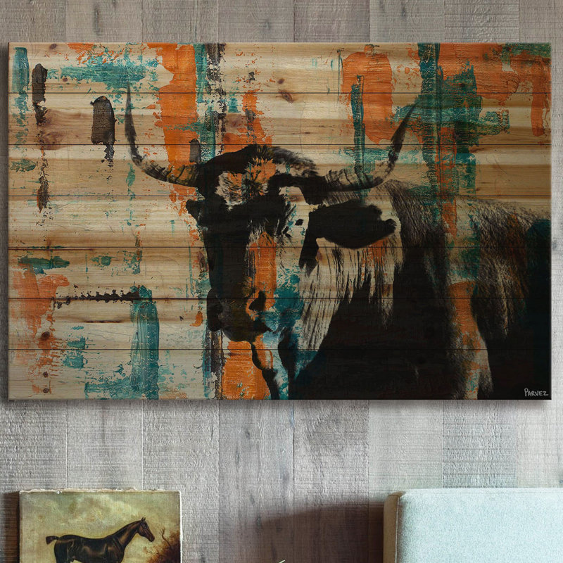 «Orange Teal Steer» par Parvez Taj, reproduction d'art sur bois, H 24 po x l 36 po x P 1,5 po