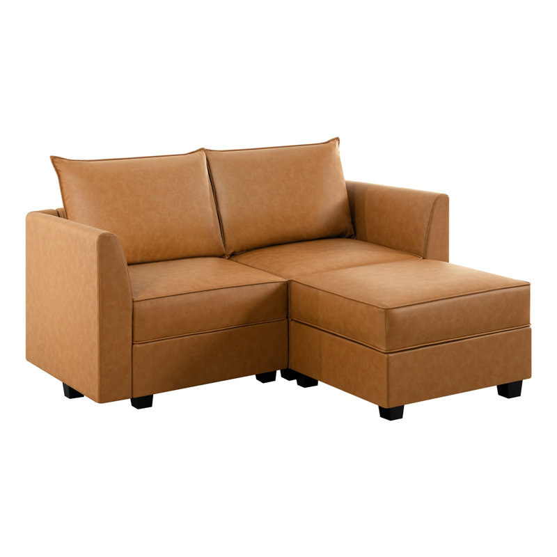 Rudwan Convertible Sectional Air Leather Loveseat with Ottoman – Modern Reversible Chaise Sofa, Caramel