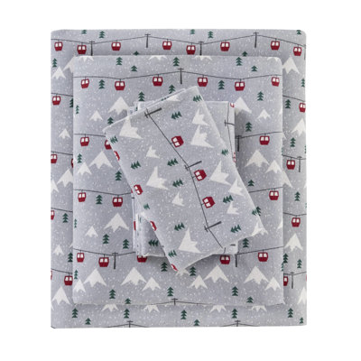 Grey Ski Jump 4 Pcs King Sheet Of 100% Cotton Flannel, Brushed Both Sides For Softness, Machine Washable Easy Care, With 1 Fitted Sheet, Flat 2 Pillowcases, Fully Elasticized Fit, - Flannel , Elastic