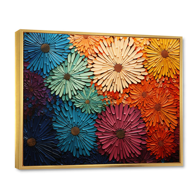 Mid Century Sunburst Serenade III - Art abstrait Mid-Century, Reproduction avec cadre flottant, Doré, H 34 po x l 44 po