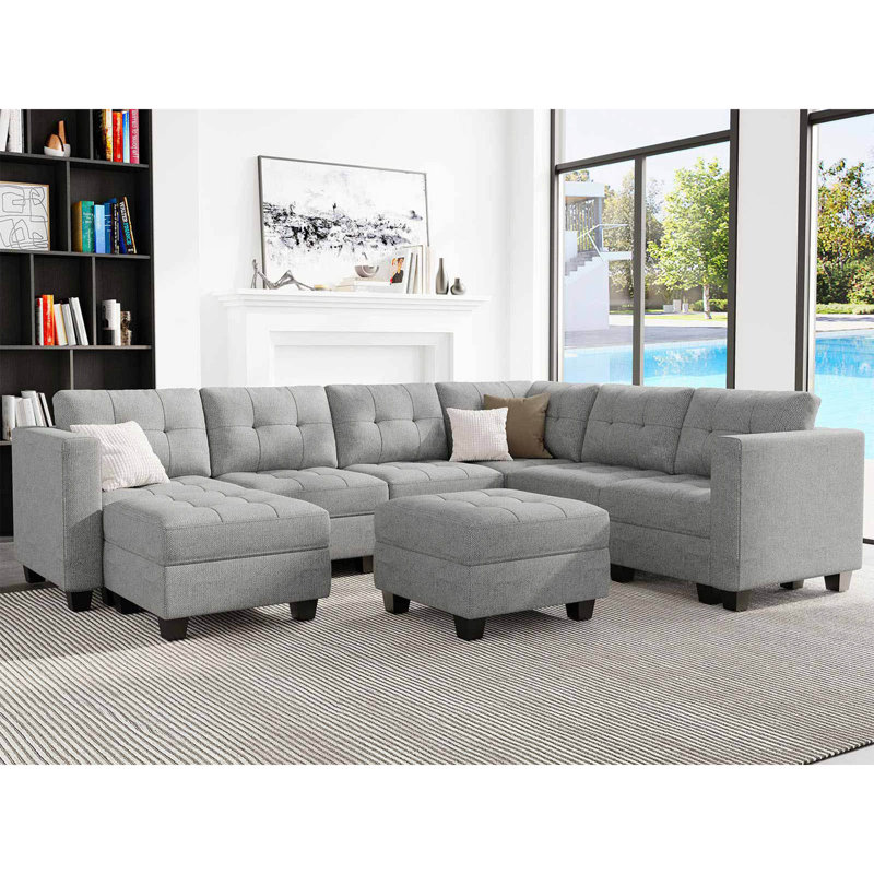 143" W Reversible Modular Sectional with Storage Ottoman, Light Gray Linen