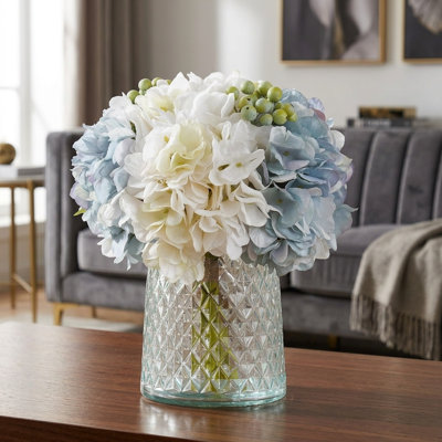 Hydrangeas Floral Arrangement in Glass Vase, Fake Silk Hydrangea Artificial Flowers with Vase for Home Office, Dining Table Centerpiece Decoration