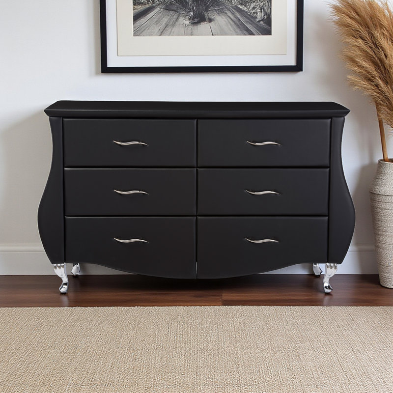 Kendin 6 Metal Glide Drawer Black Faux Leather Dresser, 31.2'' H X 52.65'' W X 18.14'' D, Black