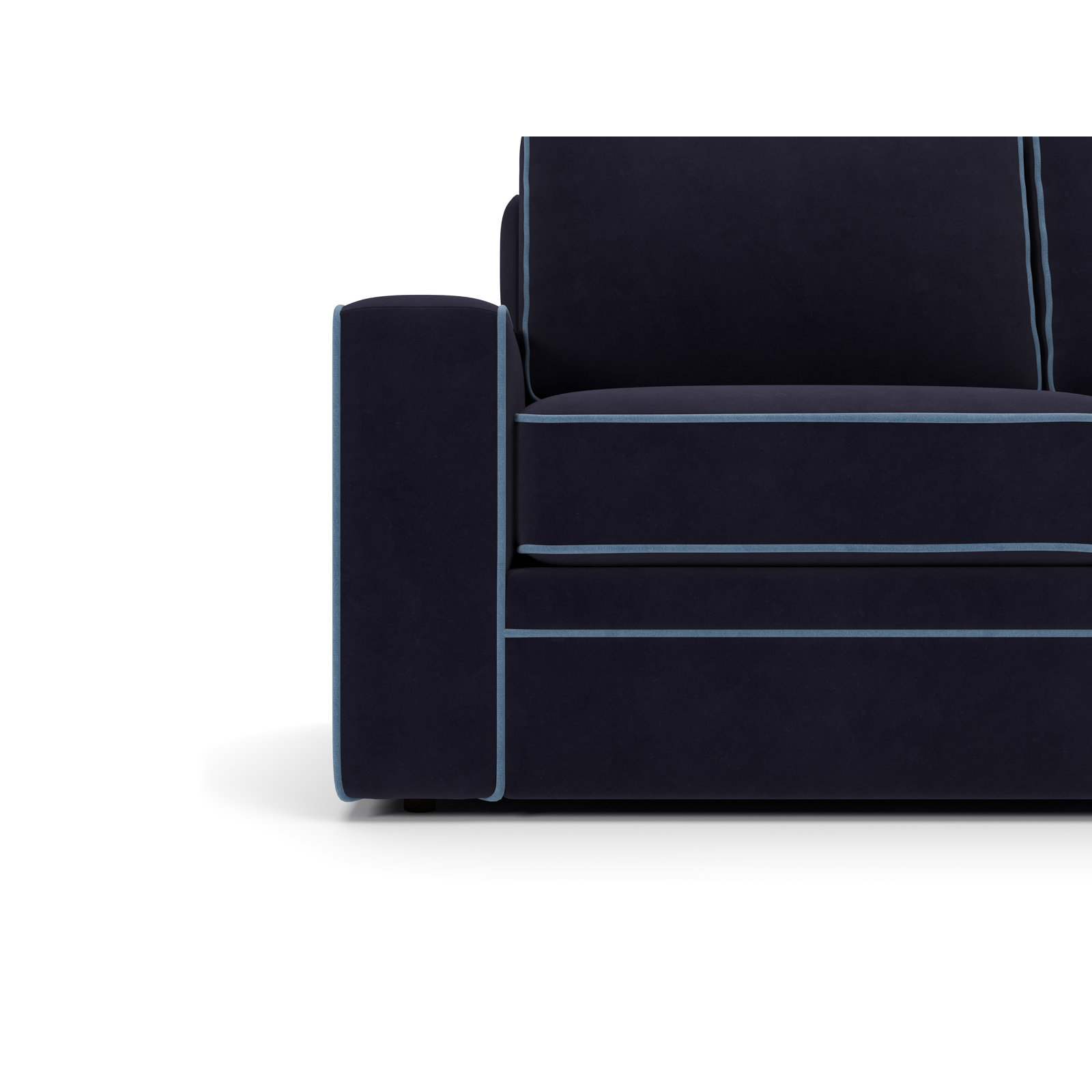 100'' Upholstered Sofa, Marquis Midnight with Blue Velvet Piping