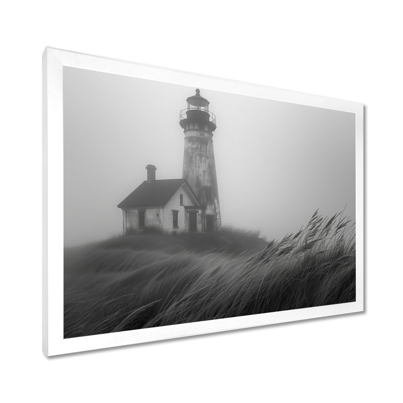Phare monochrome brouillard d'hiver, falaise I - art mural de salon phares, H 16 po x l 32 po, Cadre flottant blanc