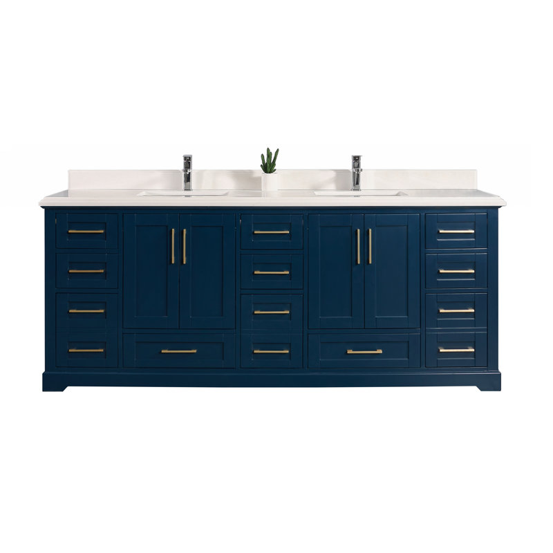 Ensemble de meuble-lavabo double 84 po Boston, Blanc biseauté, Bleu marine