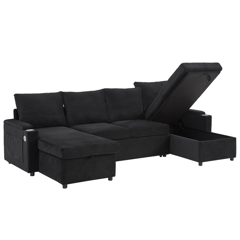109.5" U-Shaped Sectional Sofa, Black Corduroy