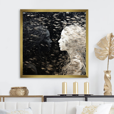 «Black and White Woman Mermaids Expression», art abstrait encadré