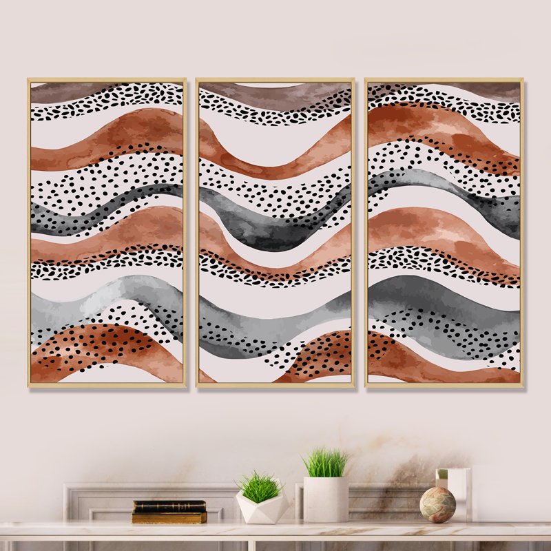 Motif ondulé dans un style géométrique naturel I - ensemble d'art mural moderne sur toile encadrée 3, Brun