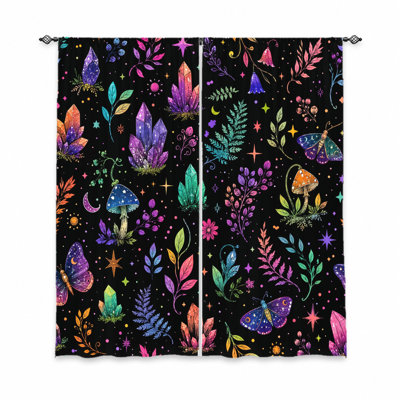 2 pièces de rideaux en cristaux et champignons magiques, tissu filtrant la lumière, imprimé papillon botanique fantaisiste, décoration artistique pour le salon, la chambre, le balcon, la cuisine