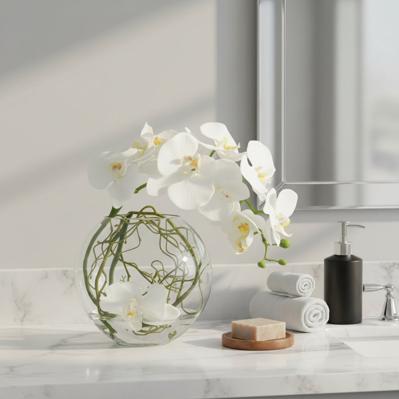 Orchid and Vine Arrangement in Glass Vase, White