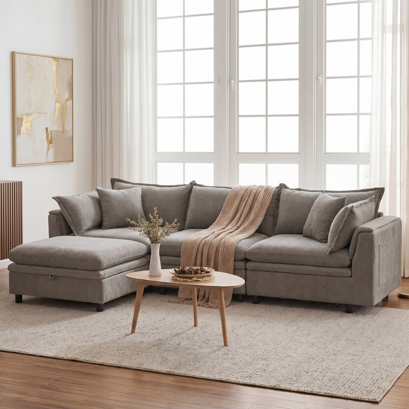 113'' Upholstered L-Shape Sectional Cloud Couch With Storage Ottoman, Gray Chenille