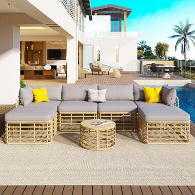 Ensemble 7 pièces de mobilier d'extérieur pour patio, canapé modulaire en rotin toutes saisons avec coussins et coussins épais, ensembles de conversation librement combinés pour le jardin, la cour arrière et le balcon
