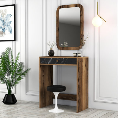 Modern Make-Up Table with Mirror, Walnut & Black Marble Finish, 27.6 x 15.7 x 33.3 inches | 100% Melamine Coated Particle Board, Thickness: 0.7 inches | Stylish & Functional Design for Beauty & Grooming Spaces