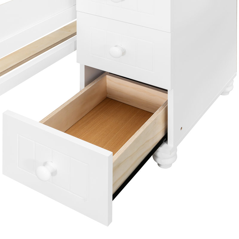 Lit superposé simple au-dessus d'un lit double avec bureau, tiroirs, tablettes, armoire et DEL blanc + orange, idéal pour les petits espaces et l'espace
