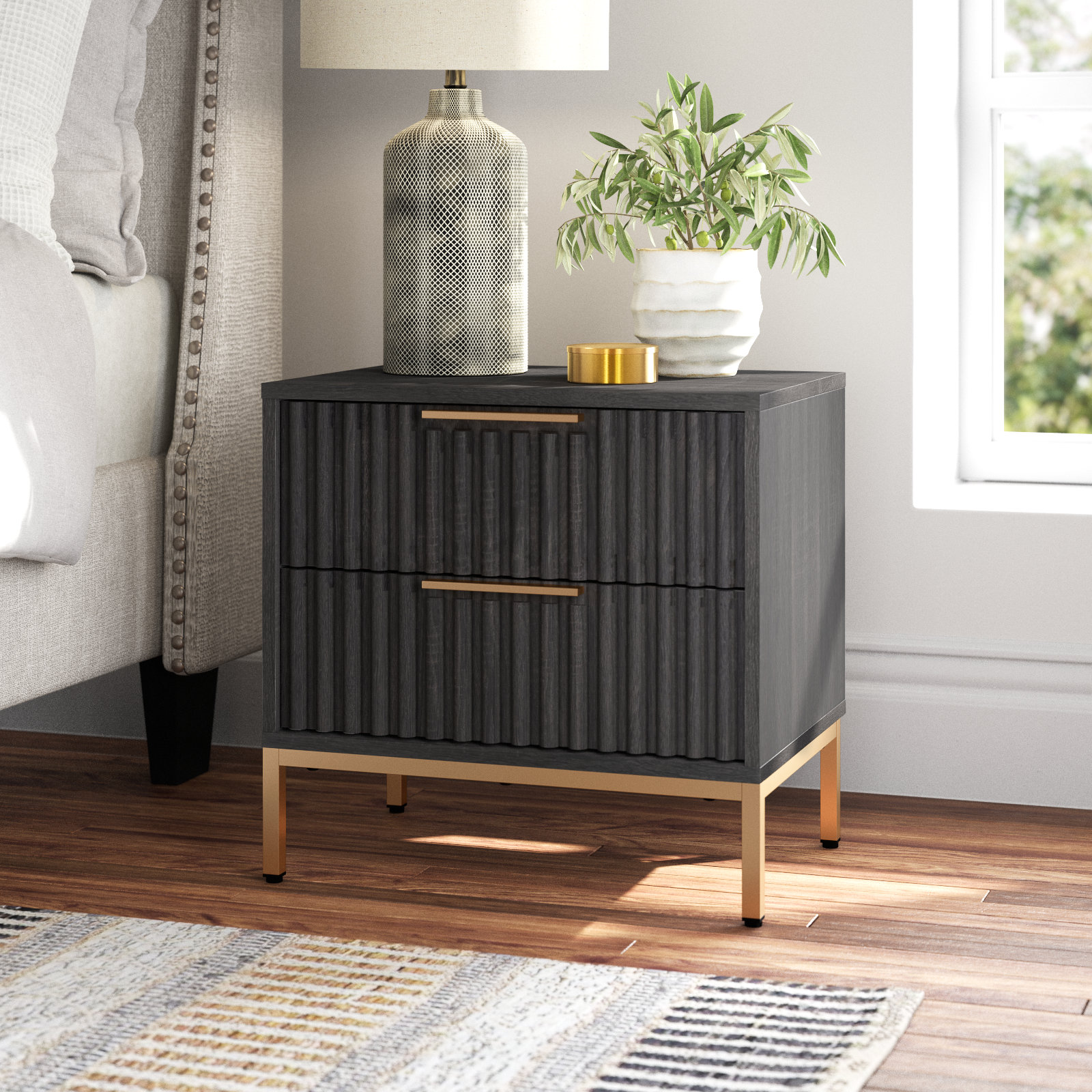 Burgess 2 - Drawer Nightstand, Distressed Black / Gold