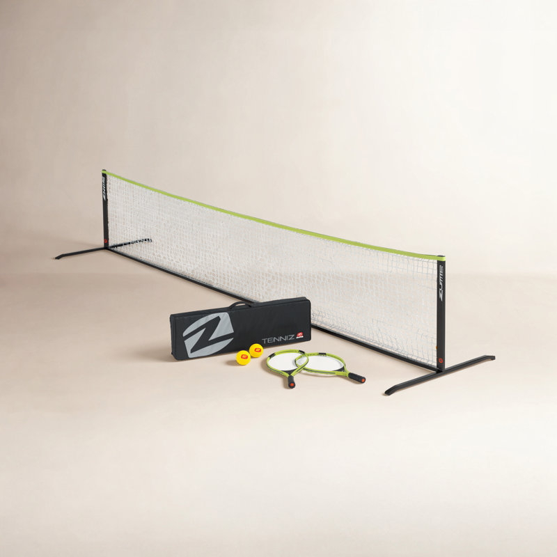 Portable tennis set featuring a net, two rackets, two foam balls, and a black carrying bag.