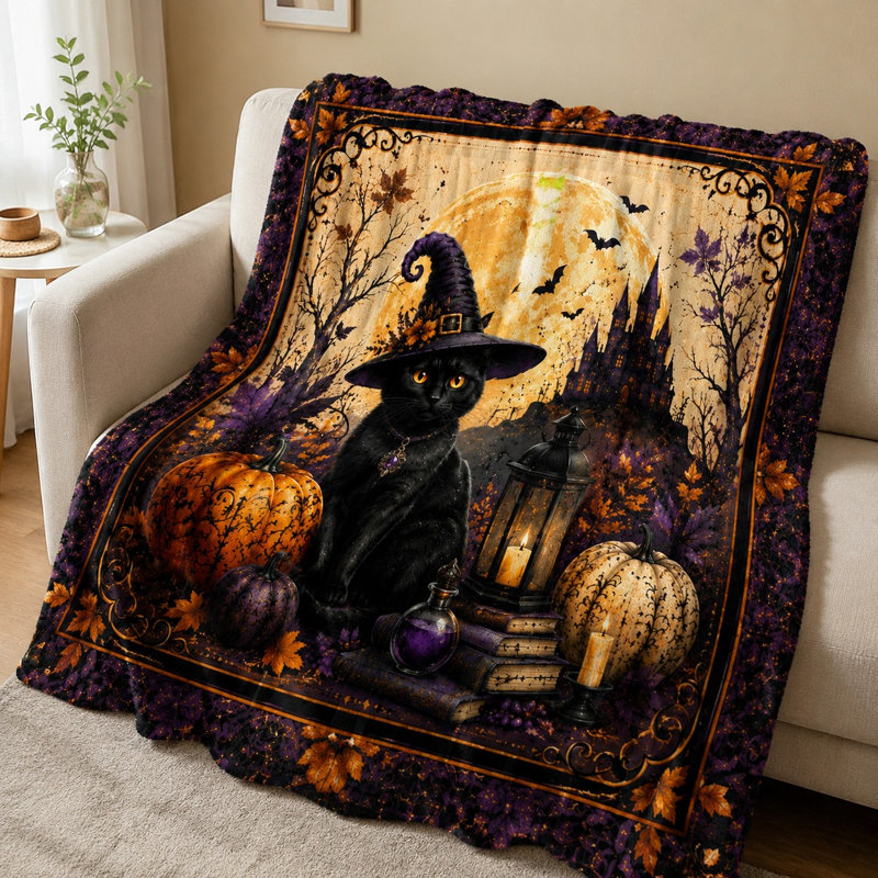 Couverture décorative d'Halloween avec chapeau de sorcière et chat noir, douce et moelleuse, idéale pour canapé, lit ou décoration intérieure.