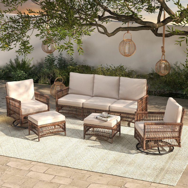 Ashjian Outdoor Wicker Patio Set with Fire Pit Table & Swivel Chairs, Cream, No
