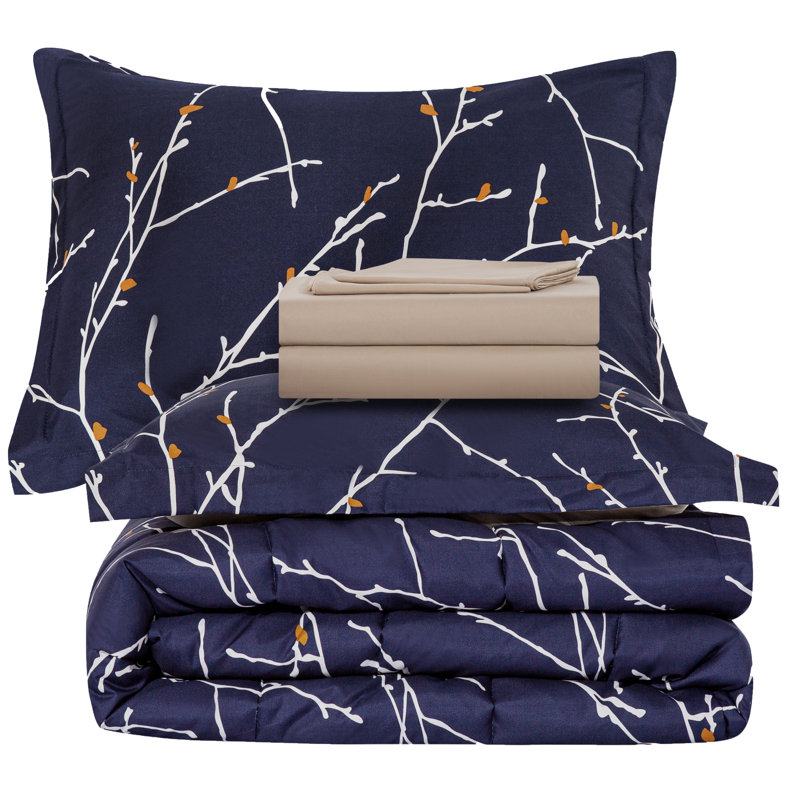 Queen Navy Blue and White Microfiber Down Alternative Bed in a Bag Set