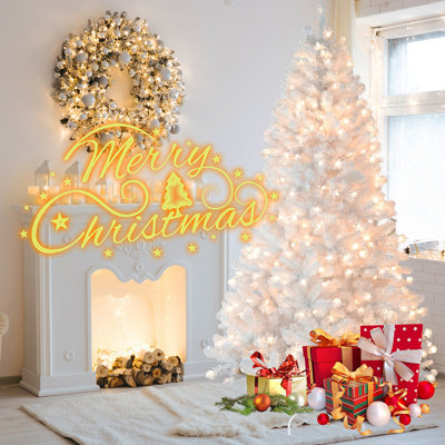 Arbre de Noël blanc 9 pi pré-éclairé avec fil mémoire - 650 lumières incandescentes chaudes, extrémités de 1930, conception à dépliage automatique, support en métal stable, arbre de Noël artificiel en PVC