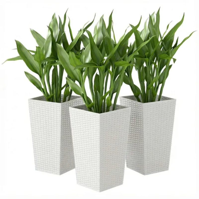 Ensemble de 3 grands pots coniques en plastique PP, style rotin, pour l'intérieur et l'extérieur, blancs