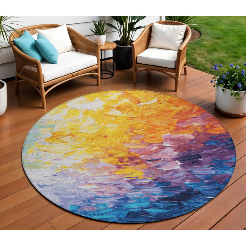 Tapis extérieur rond lavable abstrait bleu doré / bleu sarcelle 8 pi 8 po