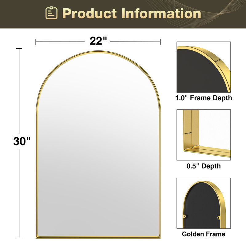 Axia 30''x22'' Metal Arch Wall Mounted Mirror for Bathroom, Living Room, Entryway, Brushed Gold, 30" x 22"