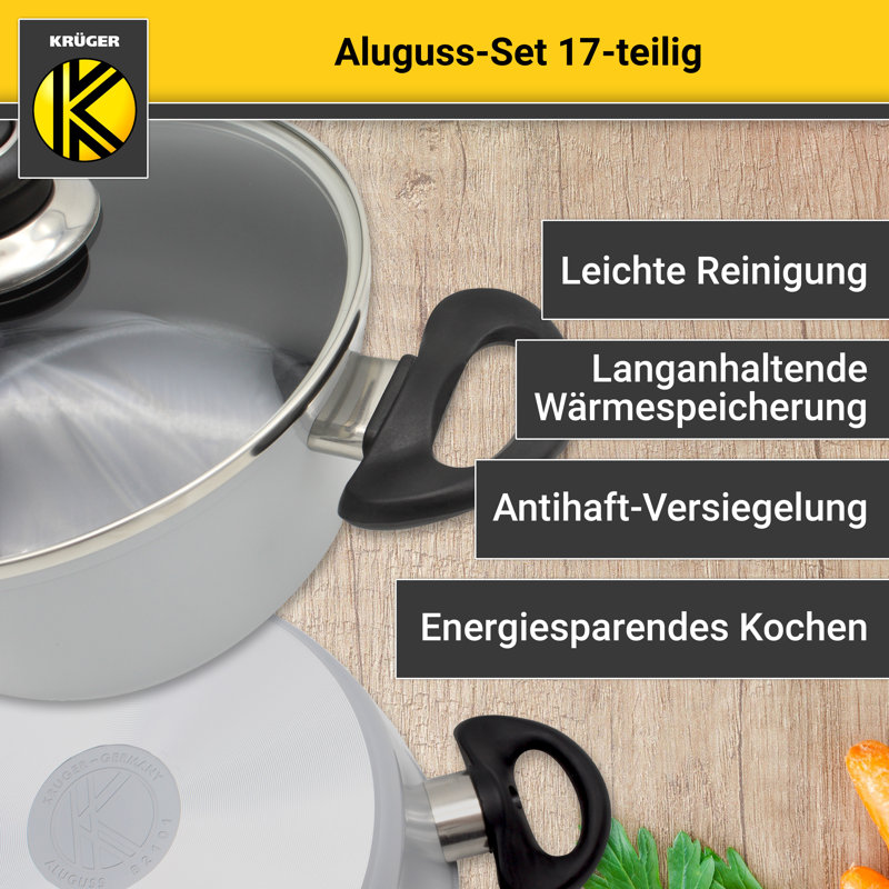 Karl Kruger 17 Piece Aluminum Non Stick Cookware Set, Grey