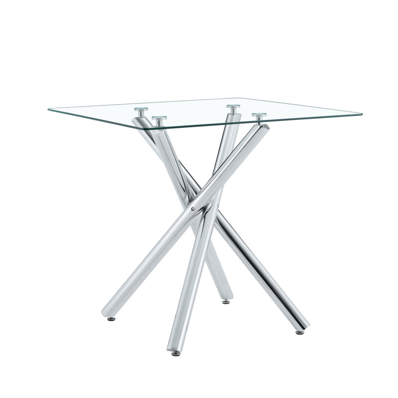 37.80" Square Modern Cross-Leg Bar Table for 4, Tempered Glass Top with Electroplated Metal Frame, Square Kitchen Table for Dining Room Home Office Small Spaces