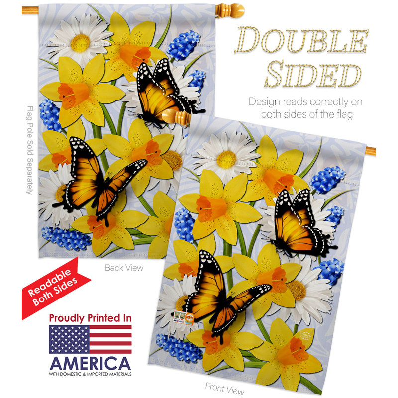 Drapeau de maison jonquille et papillons en polyester 28 po x 40 po