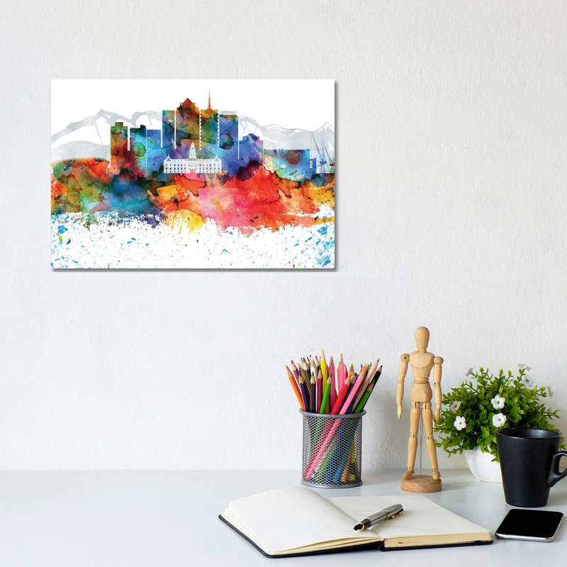 Cape Town Colourful Watercolour Skyline by WallDecorAddict - Wrapped Canvas Painting, 20.32 cm H x 30.48 cm W