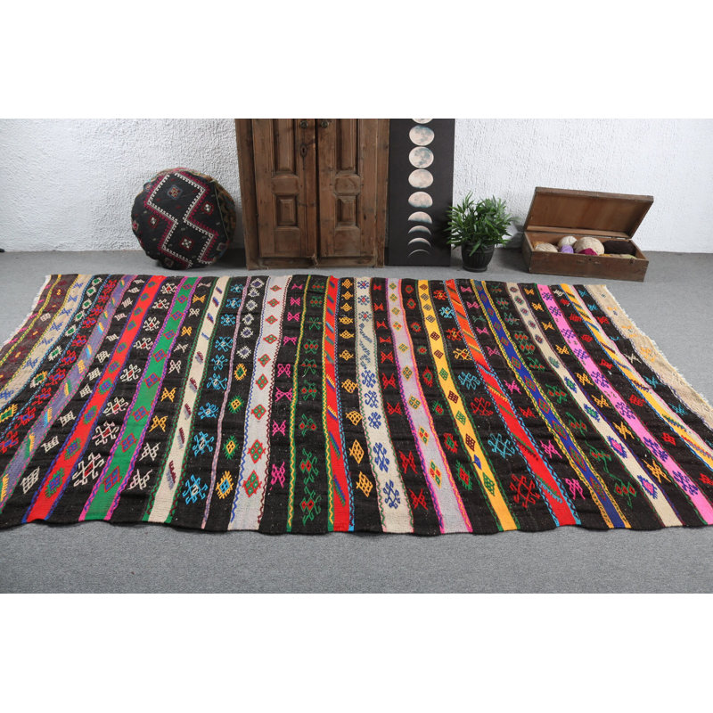 Vintage Handwoven Turkish Kilim Rug: Colorful Striped Bohemian Carpet with Geometric Pattern