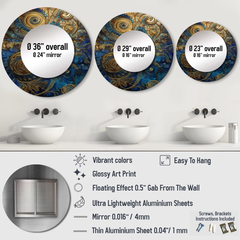«Pratha Blue and Gold Melody Of Boho II», miroir mural décoratif en plumes, miroir, 36 po x 36 po, Rond