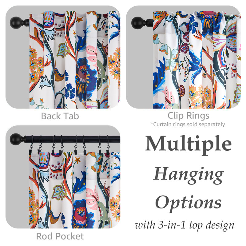 Floral Patterned Curtains Mid Century Botanical Drapes,Room Darkening Curtain,Rod Pocket Back Tab Floral Drapes,Set of 2