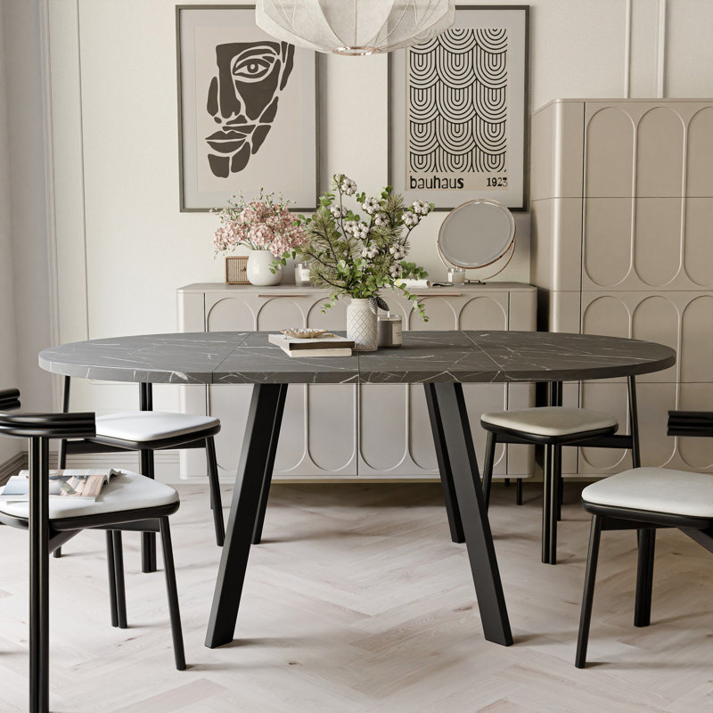 Extendable Round Dining Table, Black, Grigia Pietra