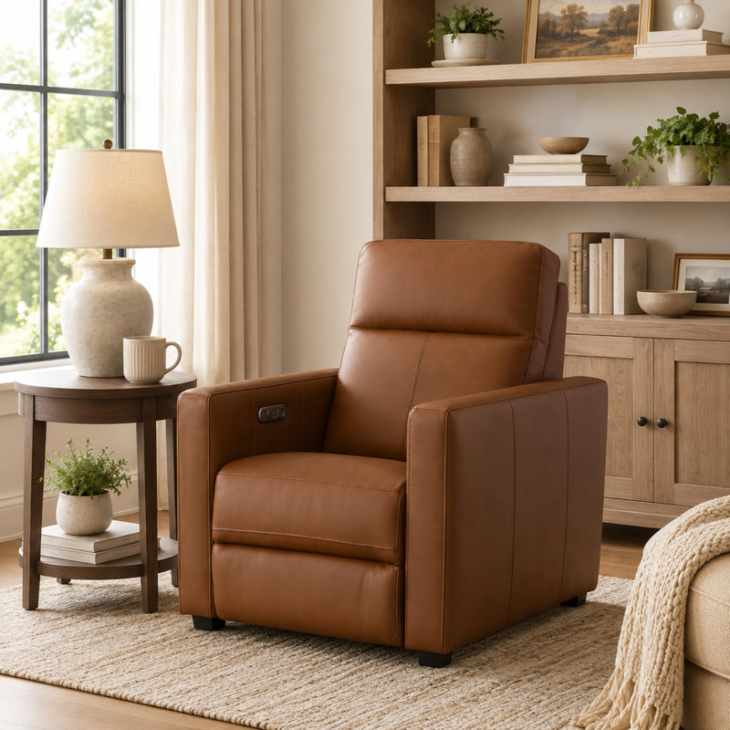 Broadway 34" Leather Power Club Recliner, Cinnamon Leather Match