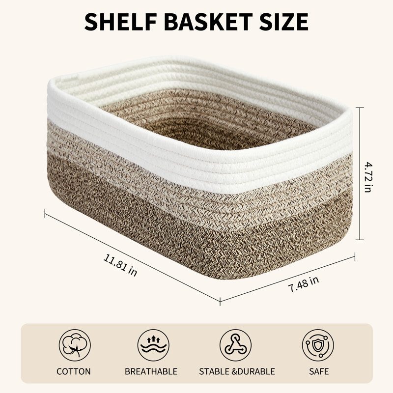 Ensemble de 6 paniers de rangement rectangulaires en coton doux tissé avec corde en coton 11,8 x 7,5 x 4,7 po - sans poignées, garde-robe de salle de bain