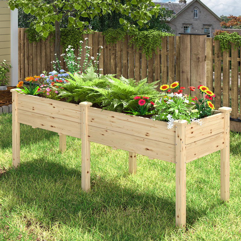 Grand pot à fleurs surélevé en bois à double empilage avec trous de drainage, Naturel