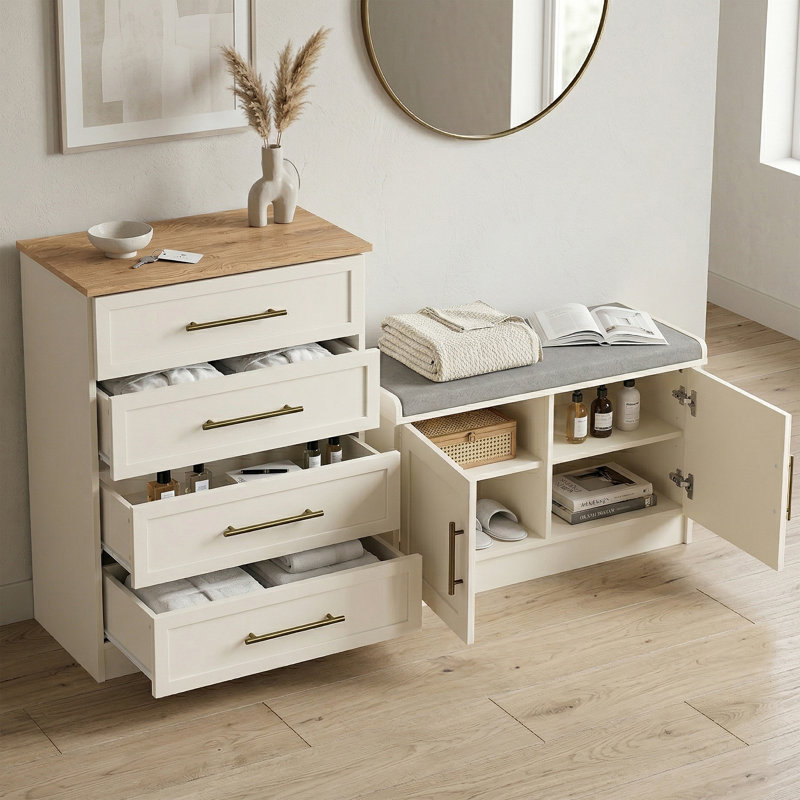 Cleverton Hallway Shoe Storage Bench With 4 Drawer Dresser Living or Bedroom Set, Ivory