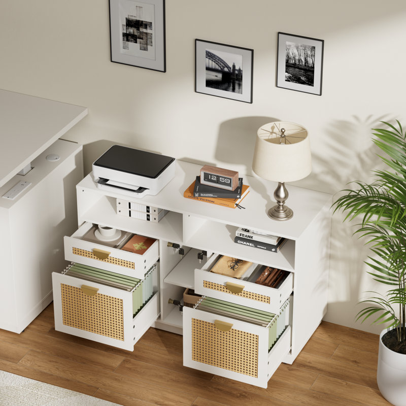 41.3"W White Rattan - 4 Drawer Loking Wood Lateral File Cabinet With Power Strip And Storage Shelves For Home Office - A4/Letter Size