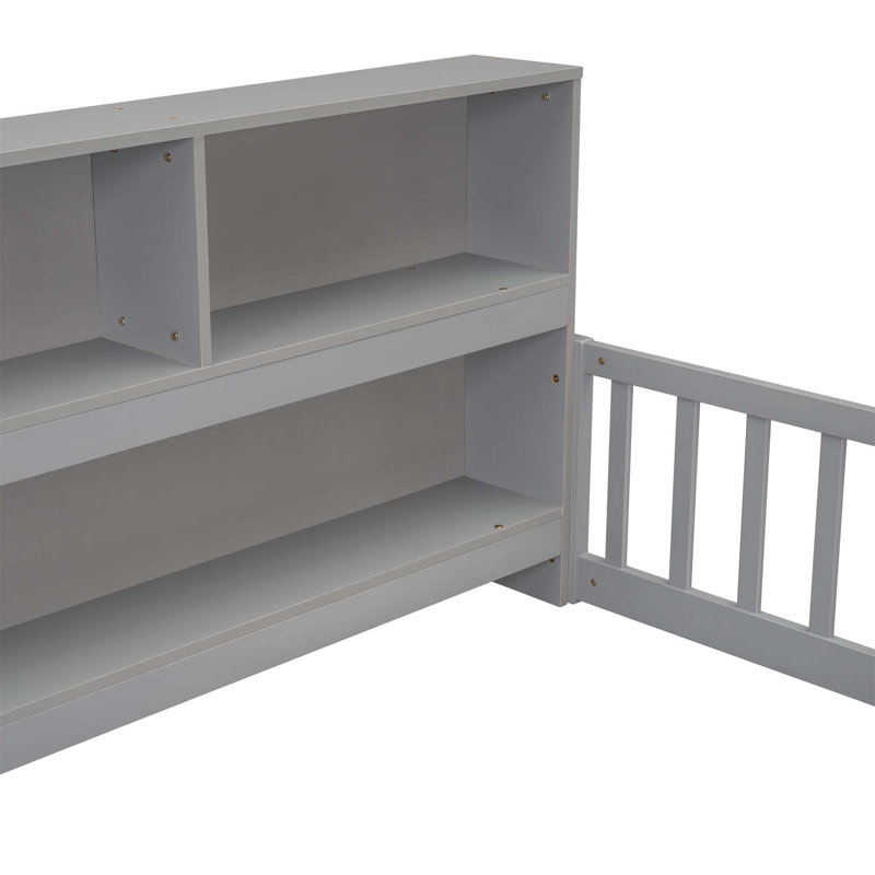 Full Floor Bed With Side Bookcase,Shelves,Guardrails, Gray, Full
