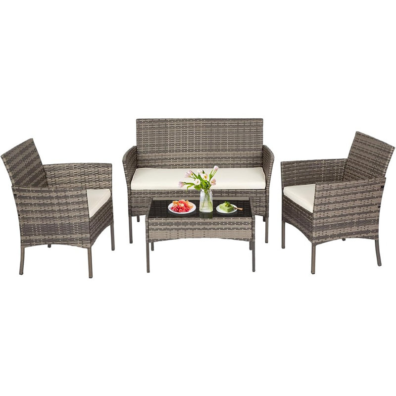 Patio Conversation Set 4 Pieces Patio Furniture Set Wicker With Rattan Chair Loveseats Coffee Table For Outdoor Indoor Garden Backyard Porch Poolside Balcony,Gray Wicker/Khaki Cushions
