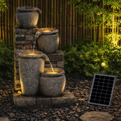 Jalijah 30" 4-Tier Cascading Outdoor Freestanding Water Fountain with Solar Pump & LED Lights
